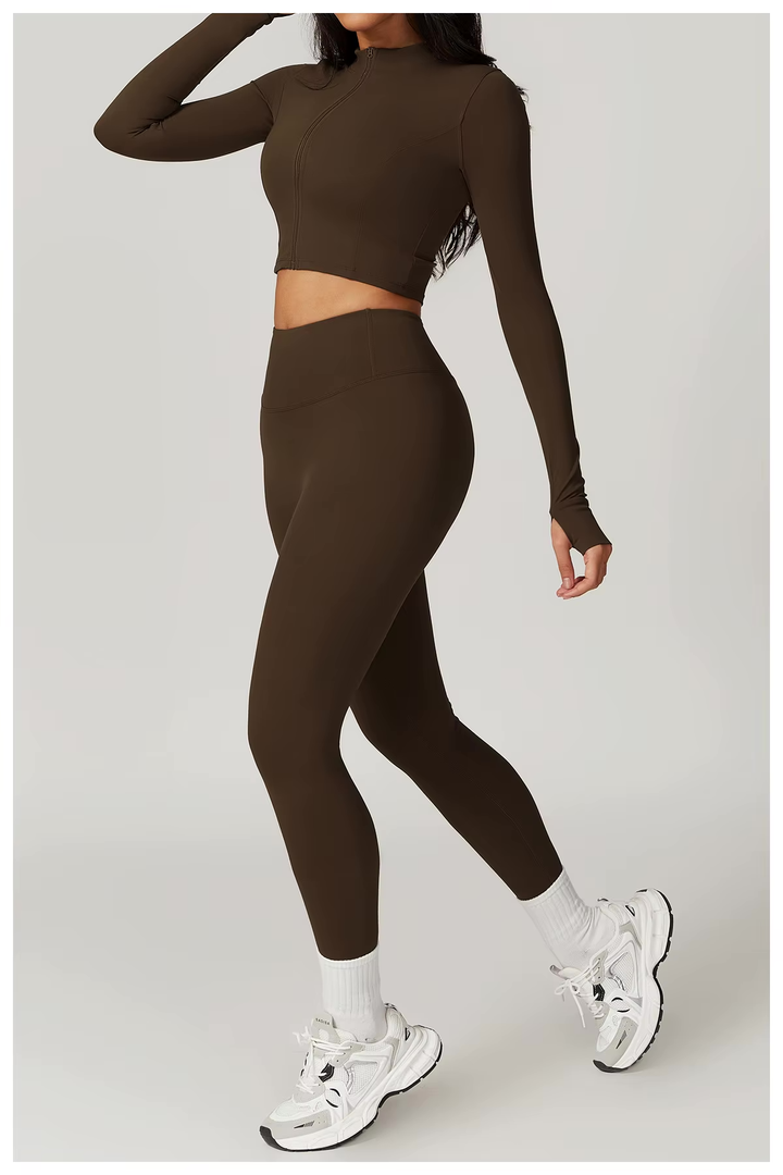 Ensemble de sport femme 3 pièces avec legging taille haute, crop top et veste