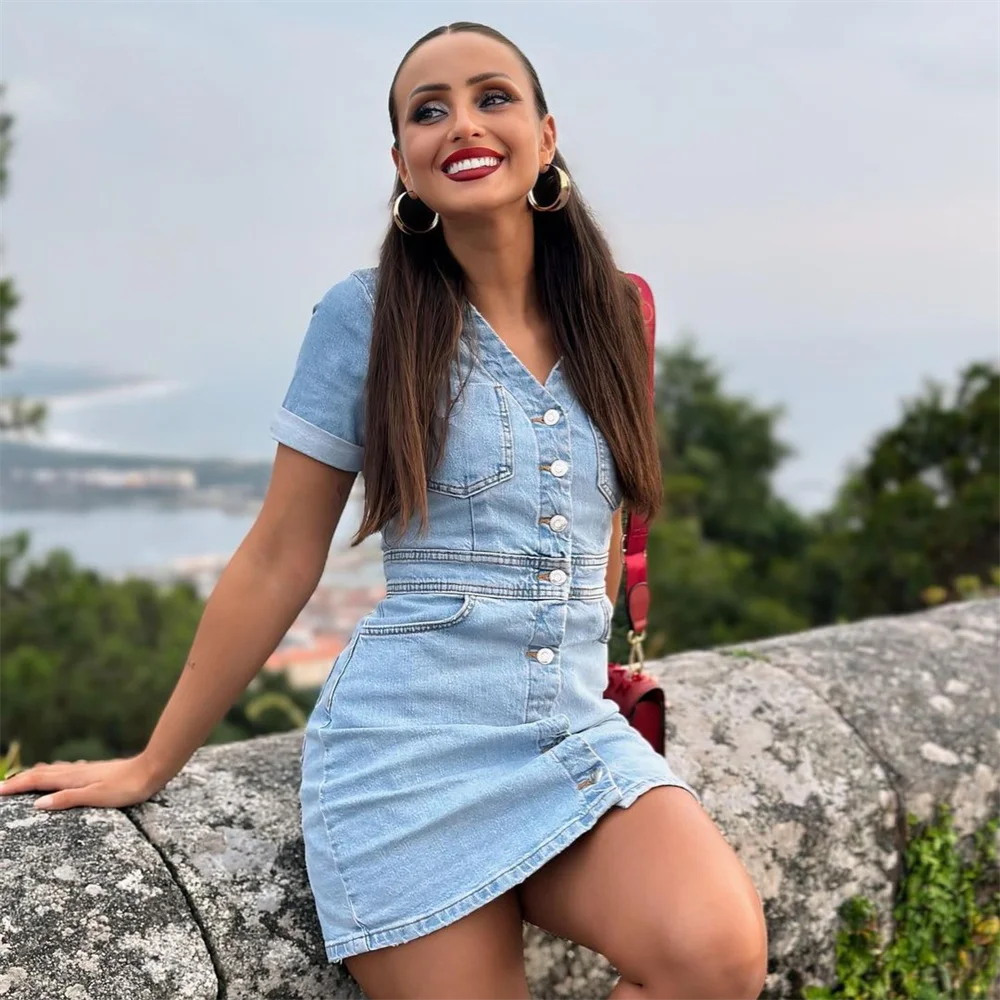 Annemie | Lichtblauwe Denim Jurk - Mini