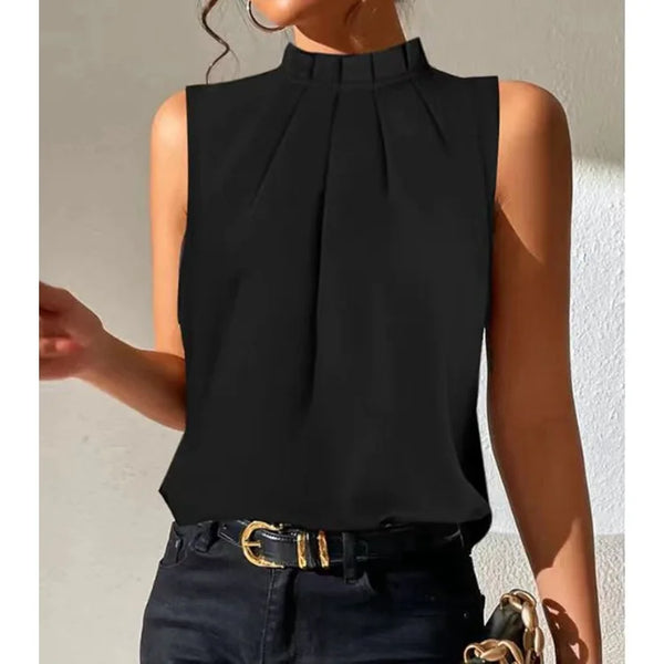 Black Women's Blouse With High Neck And Transparent Sleeve Details