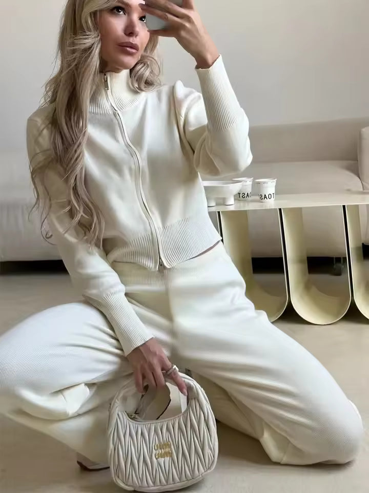 Dames 2 Delige Loungewear Set met Ritsvest en Wijde Broek