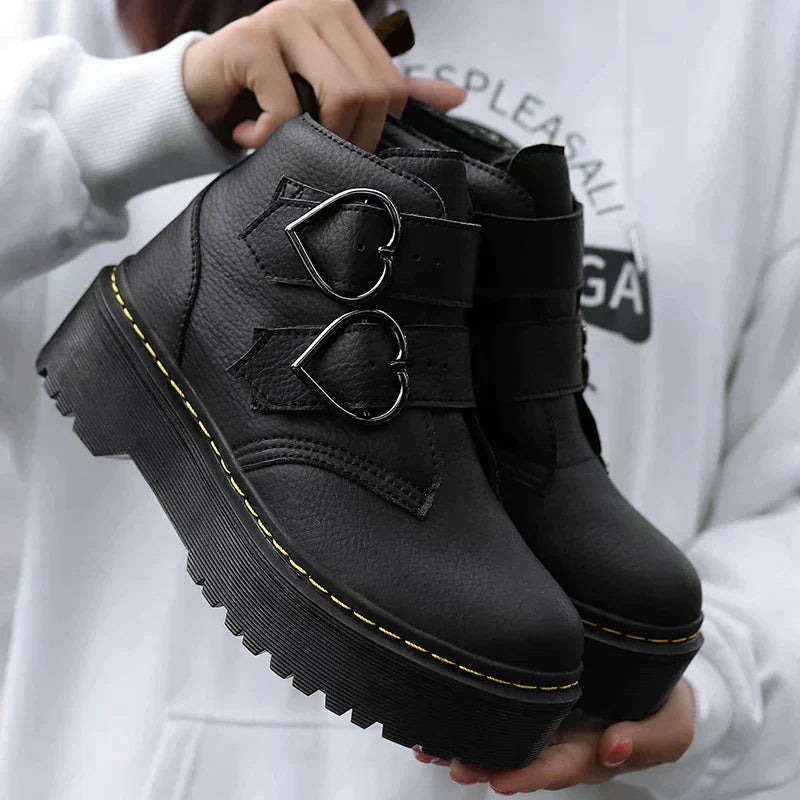 Bottines en Cuir Tendance pour Femme avec Boucles et Semelle Épaisse