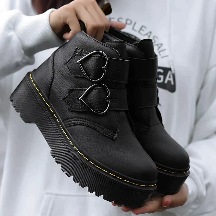 Bottines en Cuir Tendance pour Femme avec Boucles et Semelle Épaisse