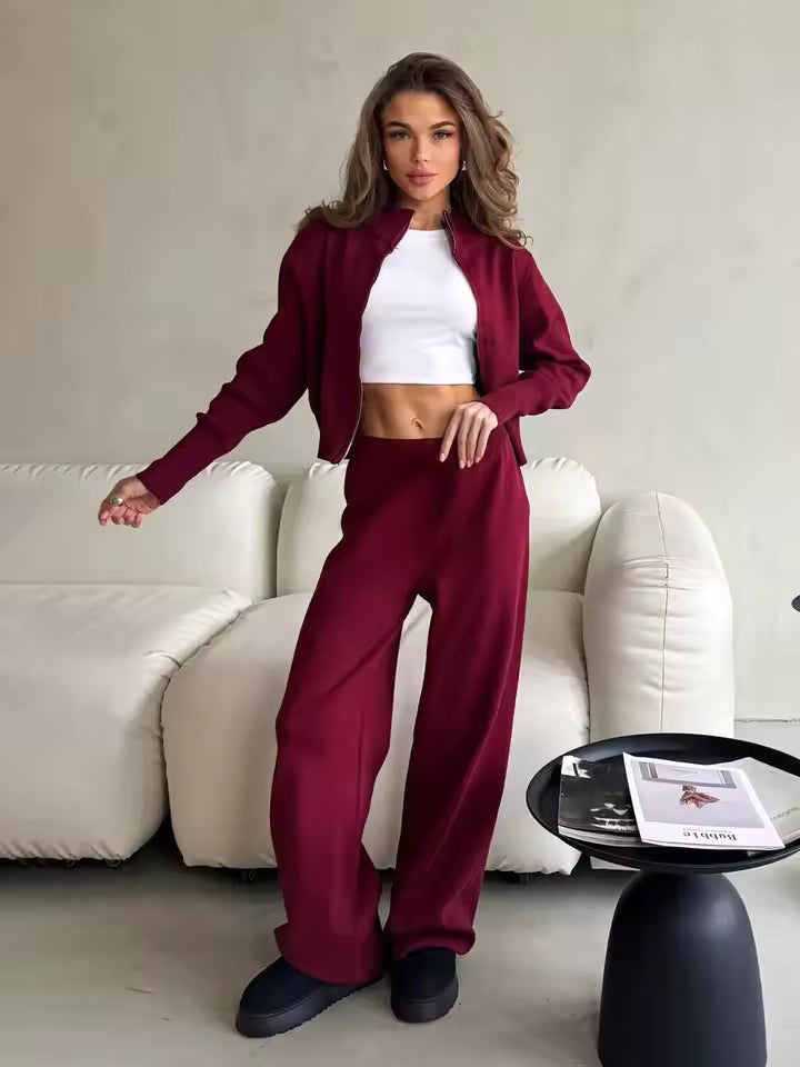 Dames 2 Delige Loungewear Set met Ritsvest en Wijde Broek