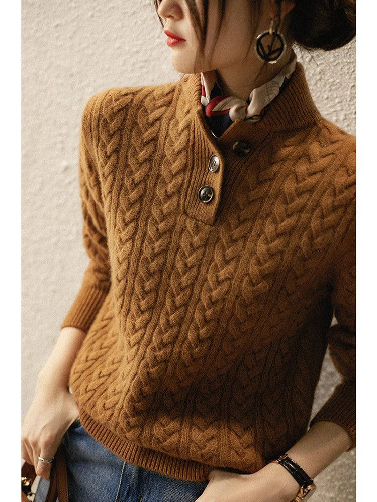 Pull Tricoté Doux Femme avec Motif Torsadé et Détail Bouton