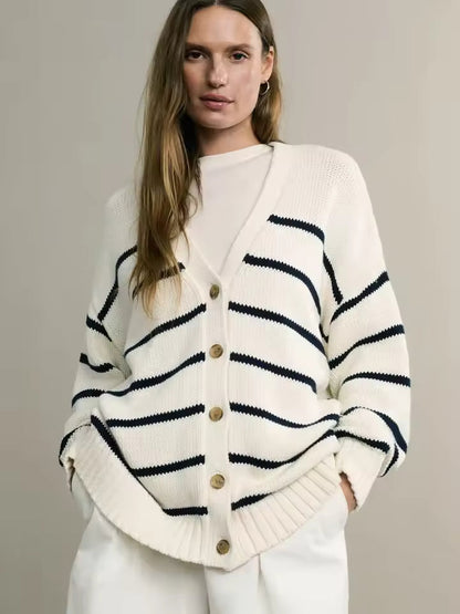 Trendy Oversized Dames Cardigan met Strepen en V-hals
