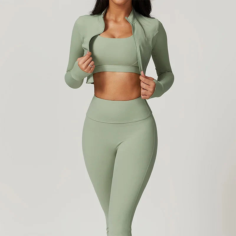 Fitness Tracksuit Women’s 3-Piece Sports Set with High Waist Leggings, Crop Top, and Jacket