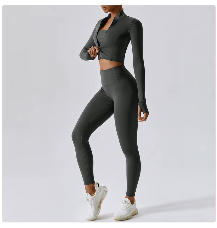 Ensemble de sport femme 3 pièces avec legging taille haute, crop top et veste