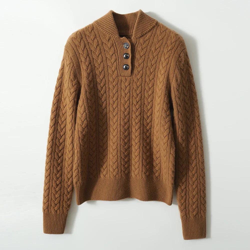 Pull Tricoté Doux Femme avec Motif Torsadé et Détail Bouton