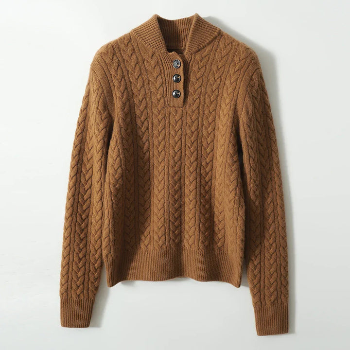 Pull Tricoté Doux Femme avec Motif Torsadé et Détail Bouton