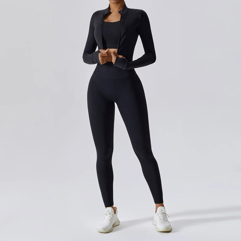 Fitness Tracksuit Women’s 3-Piece Sports Set with High Waist Leggings, Crop Top, and Jacket