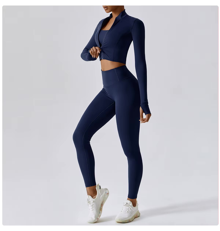 Ensemble de sport femme 3 pièces avec legging taille haute, crop top et veste