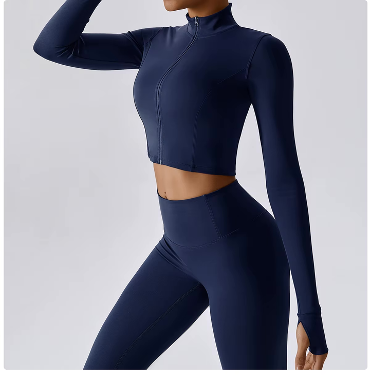 Ensemble de sport femme 3 pièces avec legging taille haute, crop top et veste