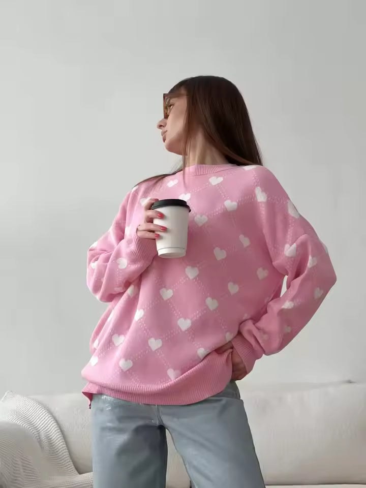 Trendy Winterse Oversized Dames Trui met Hartjes Print