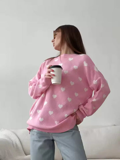 Trendy Winterse Oversized Dames Trui met Hartjes Print