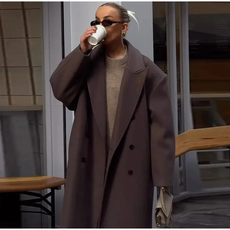 Oversized Lange Dames Mantel Jas met Dubbele Knopen