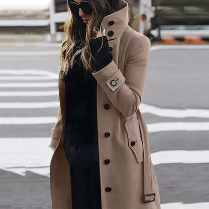 Chique Dames Trenchcoat met Ceintuur en Hoge Kraag