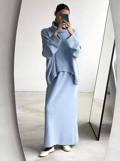 Comfortabele Oversized Dames Gebreide Set met Coltrui en Lange Rok