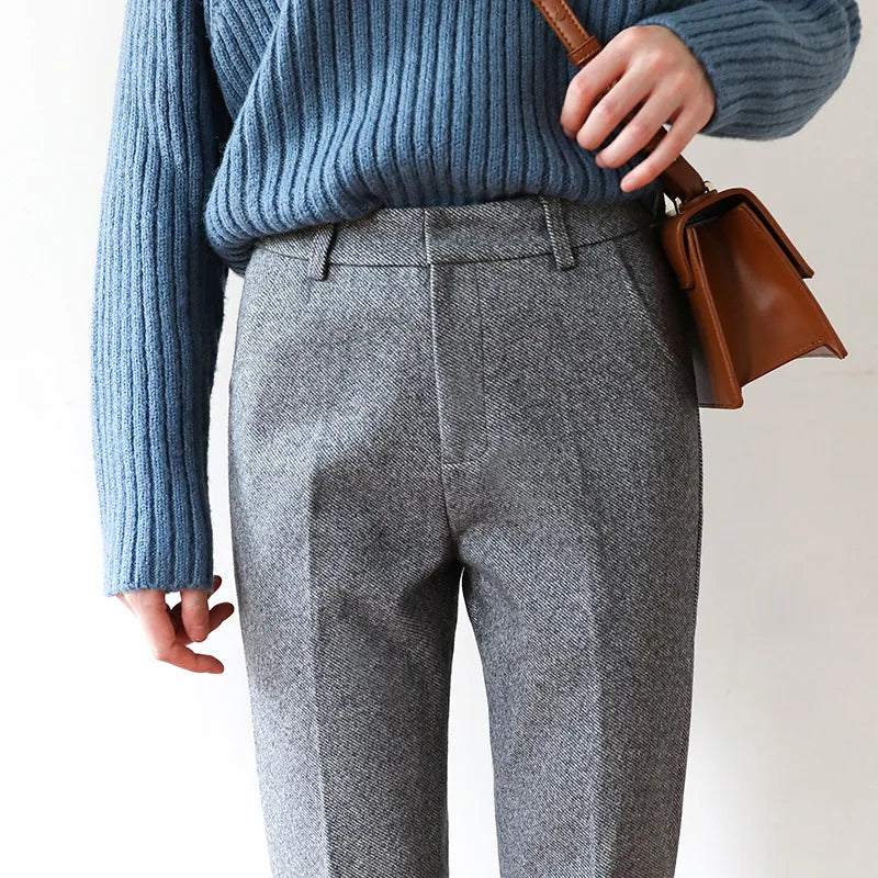 Elegant Wool-Blend Women's Pants with Straight Legs and High Waist