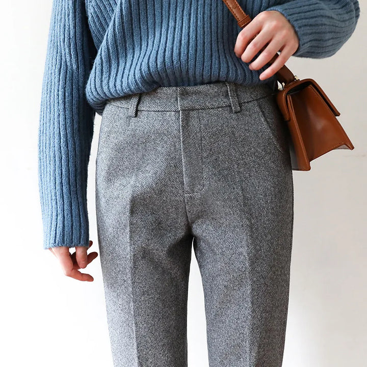 Elegant Wool-Blend Women's Pants with Straight Legs and High Waist