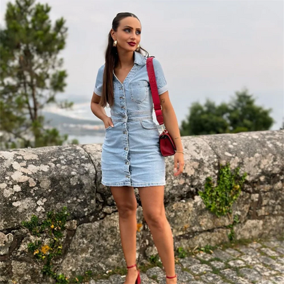 Annemie | Lichtblauwe Denim Jurk - Mini