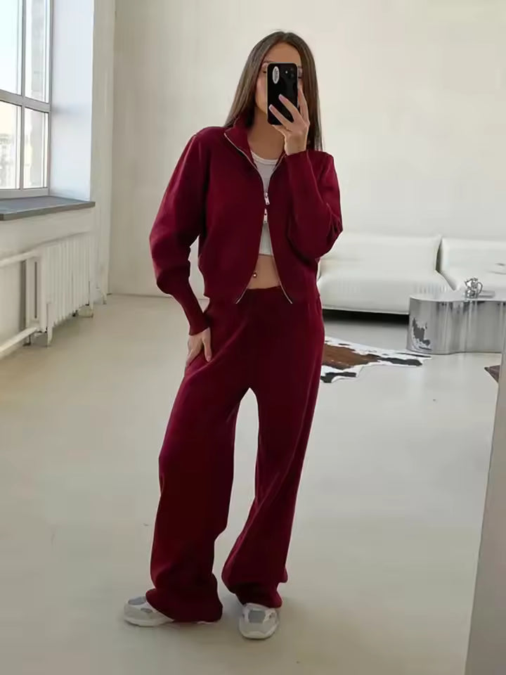 Dames 2 Delige Loungewear Set met Ritsvest en Wijde Broek