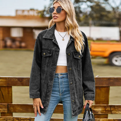 Oversized Denim Jas Dames Met Borstzakken En Drukknoopsluiting