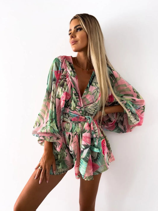 Trendy Playsuit with V Neck and Wide Sleeves for Women