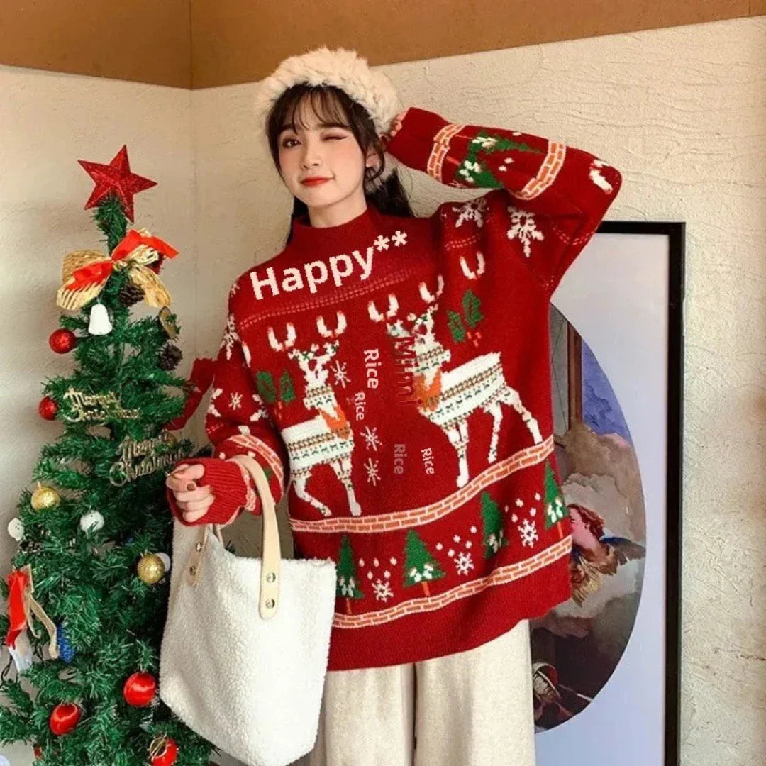 Oversized Winterse Dames Kersttrui met Rendierprint en Lange Mouwen
