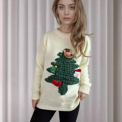 Oversized Zacht Gebreide Winterse Dames Kersttrui met 3D Kerstboom
