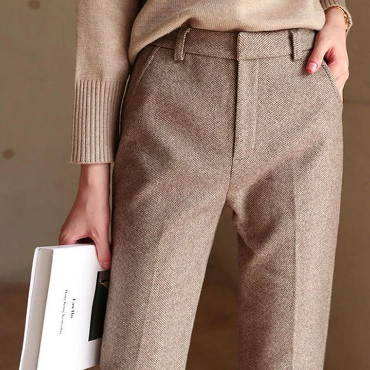 Elegant Wool-Blend Women's Pants with Straight Legs and High Waist