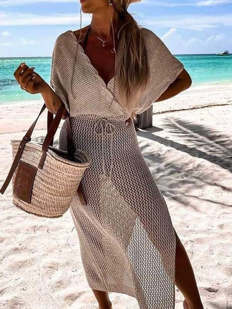Robe de plage estivale en crochet pour femmes avec col en V