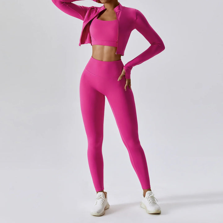 Ensemble de sport femme 3 pièces avec legging taille haute, crop top et veste