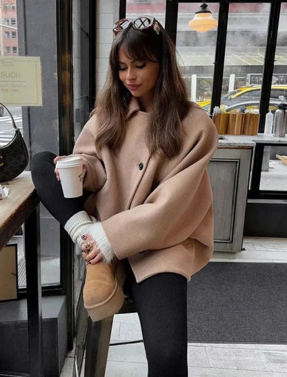 Beige Oversized Dames Wollen Jas met Knopen en Lange Mouwen
