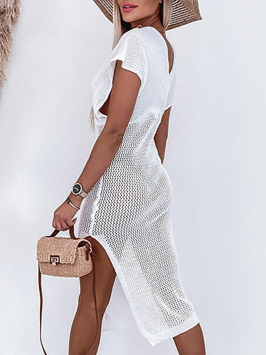 Summery Crocheted Women's Beach Dress with V Neck
