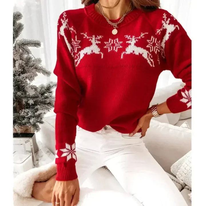 Chique Dames Kersttrui met Rendier en Lange Mouwen – Rood