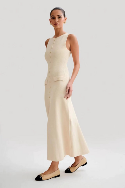 Gloria | Elegante Mouwloze Gebreide Jurk met Knoopsluiting
