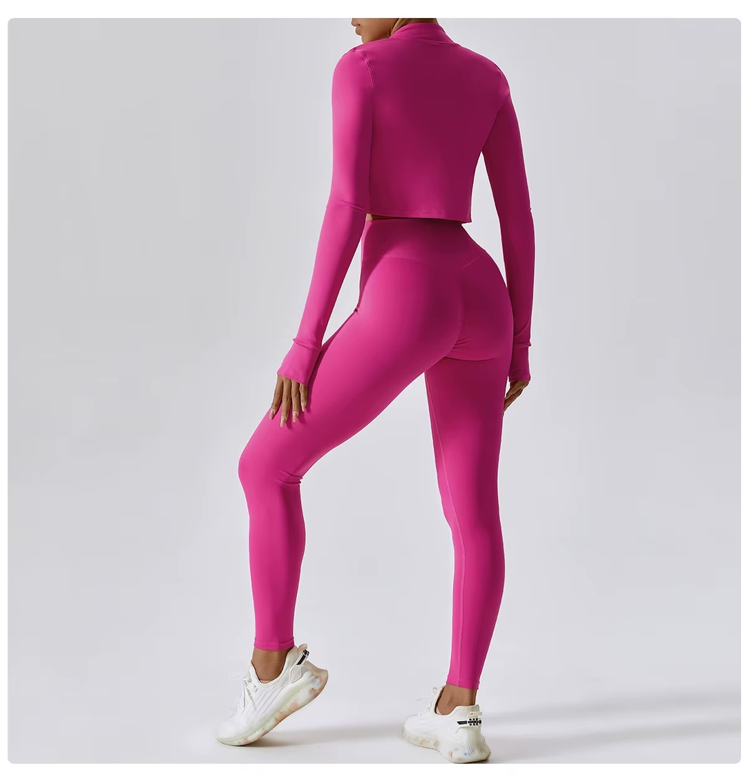 Ensemble de sport femme 3 pièces avec legging taille haute, crop top et veste