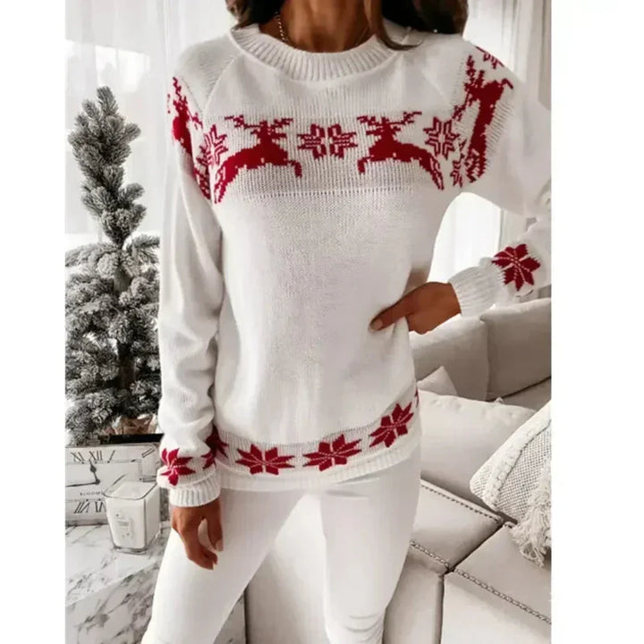 Chique Dames Kersttrui met Rendier en Lange Mouwen – Wit Rood