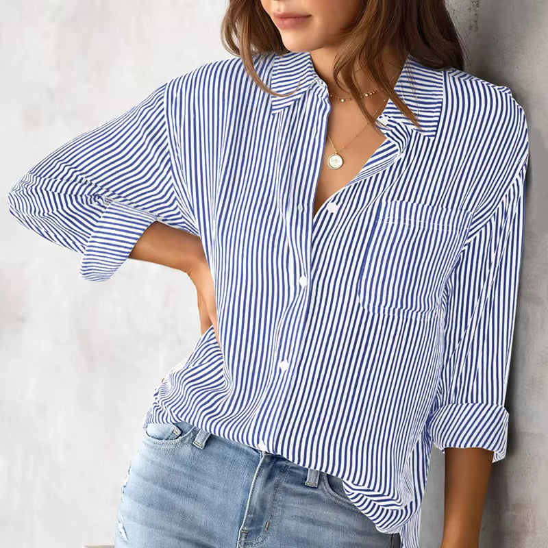 Gestreepte blouse voor vrouwen | knoopjes en lange mouw