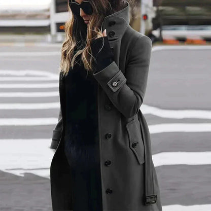 Chique Dames Trenchcoat met Ceintuur en Hoge Kraag
