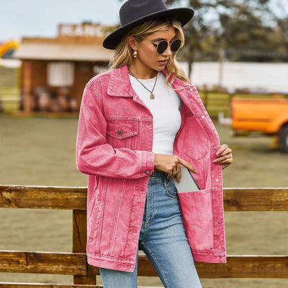 Oversized Denim Jas Dames Met Borstzakken En Drukknoopsluiting