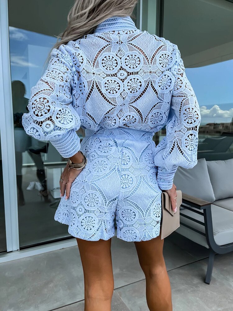 Ensemble Co ord Femme Blouse en Dentelle Manches Longues avec Short Taille Haute Élégant
