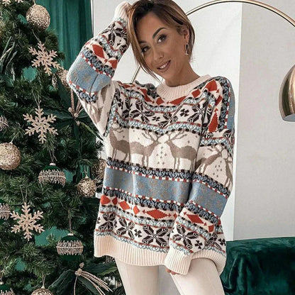 Dames Oversized Kersttrui met Rendieren en Sneeuwvlokken