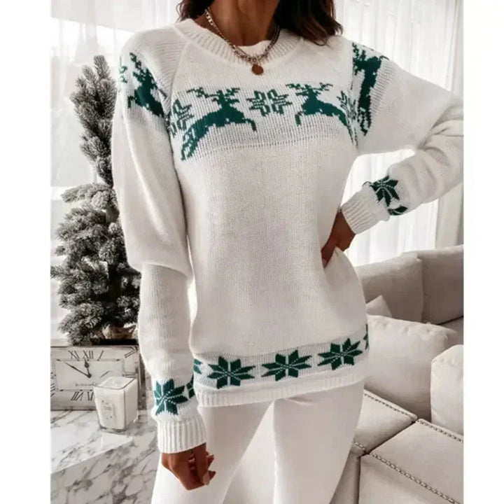 Chique Dames Kersttrui met Rendier en Lange Mouwen – Groen Wit