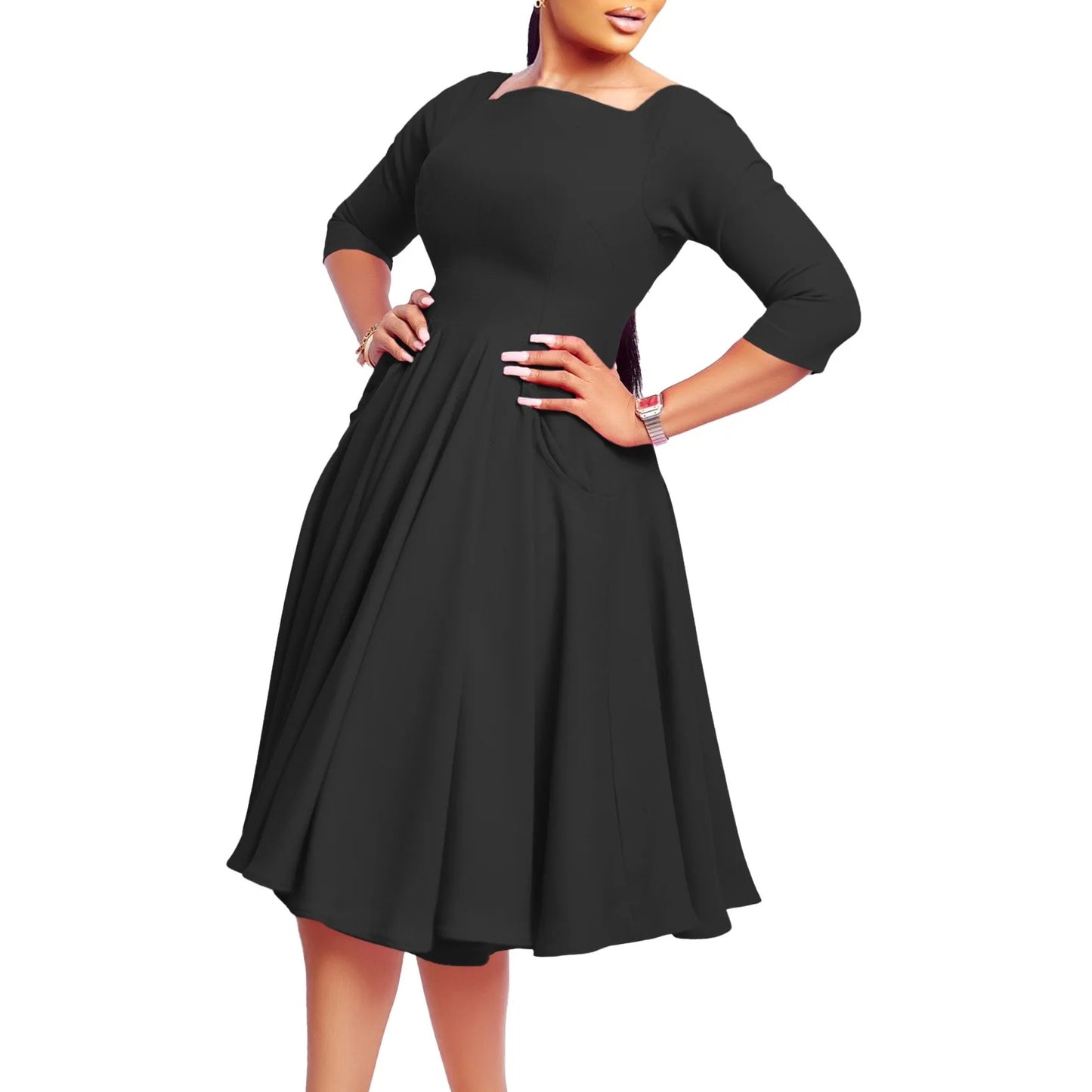 Kelli | Elegante Midi Jurk met Strikdetail en 3/4 Mouwen