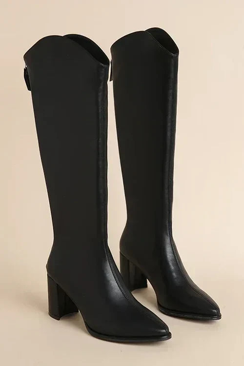 Luxury Women's Leather Knee-High Boots with Block Heel and Pointed Toe