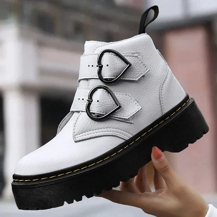 Bottines en Cuir Tendance pour Femme avec Boucles et Semelle Épaisse