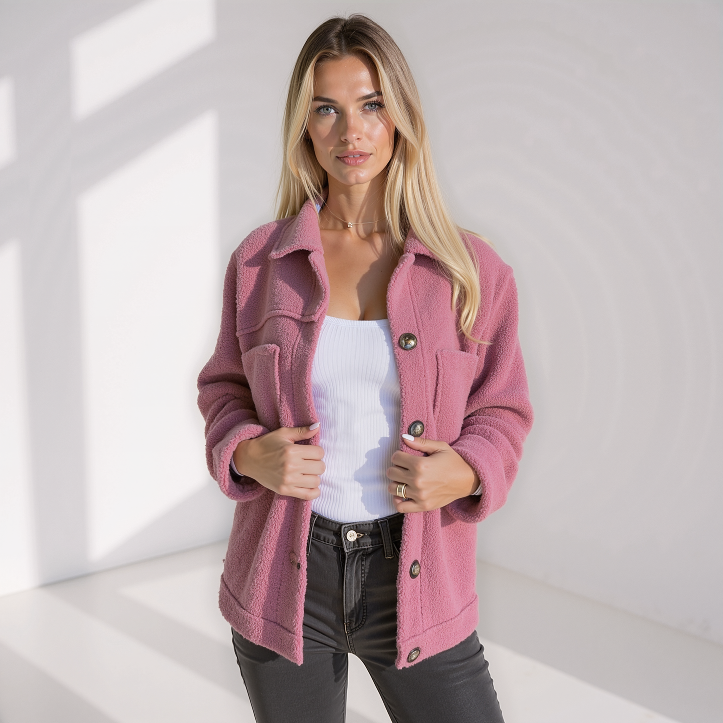 Trendy Zachte Dames Herfstjas met Knopen en Zakken