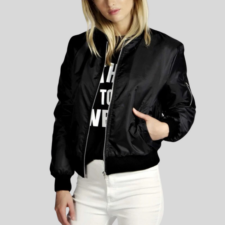 Women's Bomber Jacket with Zipper and Pockets, Soft and Warm