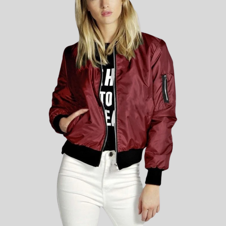 Women's Bomber Jacket with Zipper and Pockets, Soft and Warm